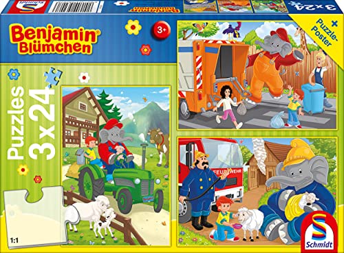 Schmidt Spiele 56207 Benjamin Blümchen, In Aktion, 3 x 24 Teile Kinderpuzzle von Schmidt