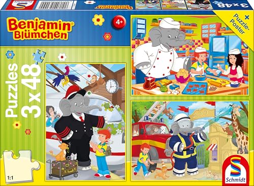 Schmidt Spiele 56209 Benjamin Blümchen, Immer im Einsatz, 3 x 48 Teile Kinderpuzzle von Schmidt