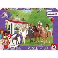 Schmidt 56385 - Schleich, Horse Club, Clubtreffen vor dem Wohnwagen, Puzzle mit Figur, 60 Teile von Schmidt Spiele