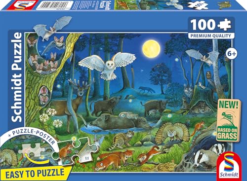 Schmidt Spiele 56529 Tiere nachts im Wald, 100 Teile Kinderpuzzle aus Graspappe von Schmidt