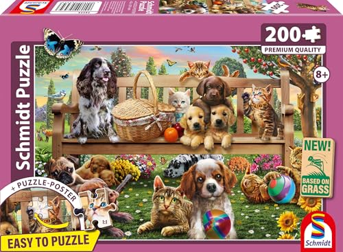 Schmidt Spiele 56534 Gartenpicknick für Hund und Katze, 200 Teile Kinderpuzzle aus Graspappe, Mehrfarbig von Schmidt