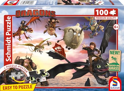 Schmidt Spiele 56547 Dragons, Drachenreiter in Aktion, 100 Teile Kinderpuzzle aus Graspappe, Mehrfarbig von Schmidt