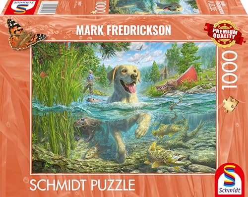 Schmidt Spiele 58557 Mark Frederickson, Hundeliebe, gelber Labrador auf Fischjagd, 1000 Teile Puzzle, Mehrfarbig von Schmidt