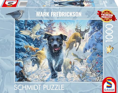 Schmidt Spiele 58558 Mark Frederickson, Hundeliebe, schwarzer Labrador im Schnee, 1000 Teile Puzzle von Schmidt