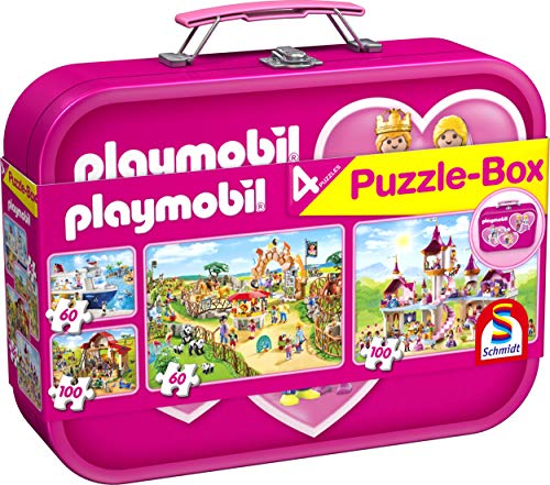 Schmidt Spiele Puzzle 56498 Playmobil 1 , 4 Kinderpuzzle im Metallkoffer, 2x60 und 2x100 Teile von Schmidt