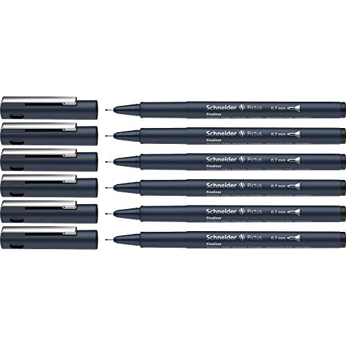 Schneider Pictus Fineliner (Strichstärke 0,7 mm, dokumentenechte Pigmentliner, metallgefasste Spitze, Gehäuse aus 85% recyceltem Kunststoff) 6er Pack, schwarz von Schneider