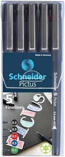 Schneider Pictus Fineliner (Strichstärken: 0,2 und 0,5 mm, dokumentenechte Pigmetliner, metallgefasste Spitze, Gehäuse aus 85% recyceltem Kunststoff) farbig sortiert, 5er Etui von Schneider