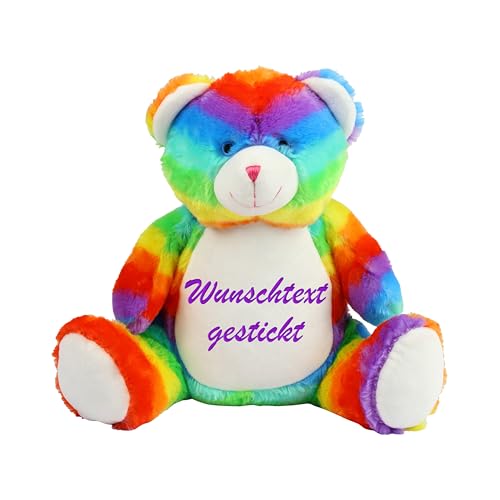 Schnoschi Kuscheltier mit Namen oder Initialen Bestickt, personalisiertes Stofftier, individuelles Schmusetier mit Wunschnamen (Bär (Regenbogen)) von Schnoschi