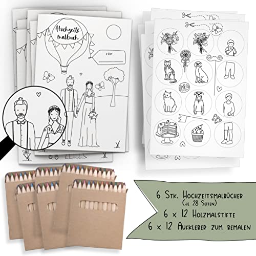 Schokoladenseite 6er Set: Hochzeitsmalbuch mit verschiedenen Brautpaar Designs und bemalbaren Aufklebern! 6 Malbücher für Kinder mit Stiften und je 12 Aufkleber. (S+F, mit Stiften) von Schokoladenseite