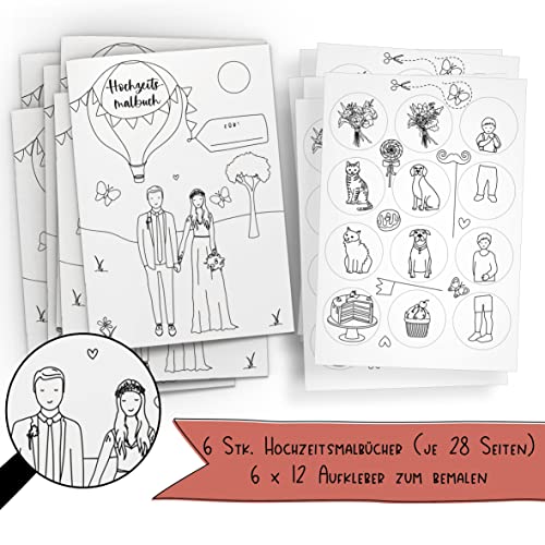 Schokoladenseite 6er Set: Hochzeitsmalbuch mit verschiedenen Brautpaar Designs und bemalbaren Aufklebern! 6 Malbücher für Kinder mit je 12 Aufkleber. (C+K, ohne Stifte) von Schokoladenseite