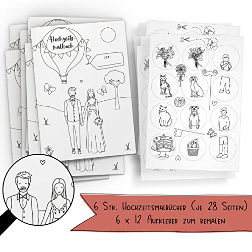 Schokoladenseite 6er Set: Hochzeitsmalbuch mit verschiedenen Brautpaar Designs und bemalbaren Aufklebern! 6 Malbücher für Kinder mit je 12 Aufkleber. (P+K, ohne Stifte) von Schokoladenseite