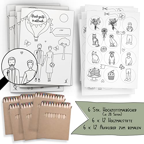 Schokoladenseite 6er Set: Hochzeitsmalbuch mit verschiedenen Brautpaar Designs und bemalbaren Aufklebern! 6 Malbücher für Kinder mit Stiften und je 12 Aufkleber. (I+F, mit Stiften) von Schokoladenseite