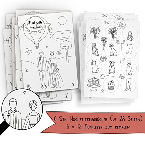 Schokoladenseite 6er Set: Hochzeitsmalbuch mit verschiedenen Brautpaar Designs und bemalbaren Aufklebern! 6 Malbücher für Kinder mit je 12 Aufkleber. (K+S, ohne Stifte) von Schokoladenseite