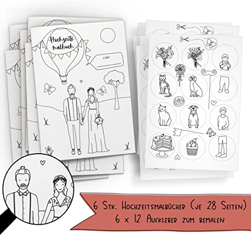 Schokoladenseite 6er Set: Hochzeitsmalbuch mit verschiedenen Brautpaar Designs und bemalbaren Aufklebern! 6 Malbücher für Kinder mit je 12 Aufkleber. (S+F, ohne Stifte) von Schokoladenseite