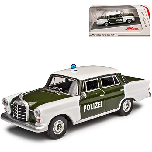 Mercedes-B 200 W110 Limousine Weiss Grün Polizei kleine Heckflosse 1961-1968 1/64 Schuco Modell Auto von Schuco Mercedes-Benz