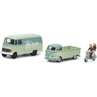 SCHUCO 452671700 1:87 MHI 2er-Set "VESPA" (MB L319 Kasten, VW T1 Pritsche und 1 Vespa mit 2 Figuren) von Schuco