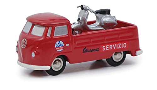 Schuco 450563600 Heart Piccolo VW T1 Pritsche Vespa Service, Modellauto, mit Roller, Limited Edition 500, rot von Schuco