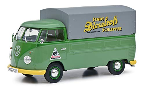 Schuco 450785600 VW T1b Pritsche Fendt, mit Plane, Modellauto, Maßstab 1:32, grün von Schuco