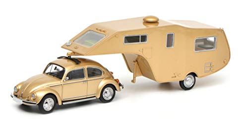 Schuco 450903800 VW Käfer 1200 mit Wohnanhänger, Resin, Modellauto, 1:43, Ocker von Schuco