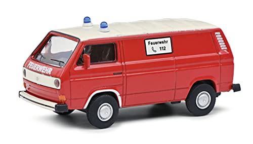 Schuco 452027900 Volkswagen VW T3 Feuerwehr Kastenwagen, Modellauto, Maßstab 1:64, rot/weiß, Large von Schuco