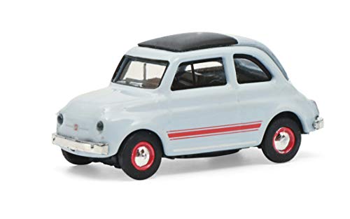 Schuco 452659400 FIAT 500 Sport, mit roten Rallye Streifen, Modellauto, Maßstab 1:87, blau/grau von Schuco