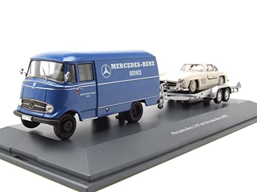 Schuco Mercedes L 319 mit Anhänger blau und 300 SL beige Modellauto 1:43 von Schuco