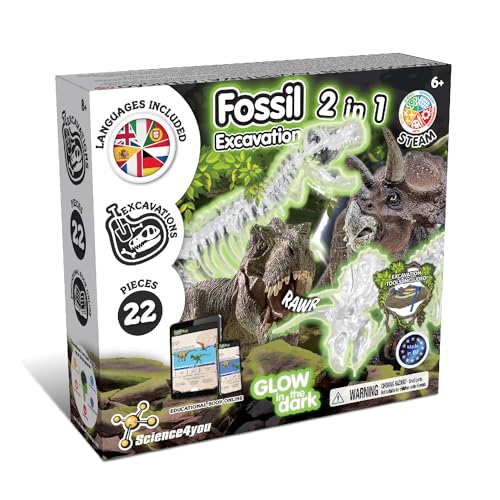 Science4you Dino Ausgrabungsset 2 in 1 - Fossilien Ausgrabungsset für Kinder ab 6+, das im Dunkelheit Leuchtet Dinosaurier Spiel und Dino Geschenk für Junge und Mädchen ab 6 7 8 9+ von Science4you