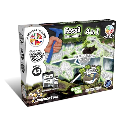 Science4you Dino Ausgrabungsset 4 in 1 - Fossilien Ausgrabungsset für Kinder ab 6+, das im Dunkelheit Leuchtet Dinosaurier Spiel und Dino Geschenk für Junge und Mädchen ab 6 7 8 9+ von Science4you