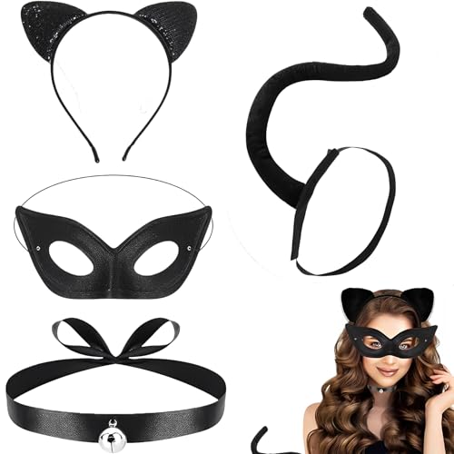 4 Stück Katzenkostüm Damen Kinder,Katzenohren Haarreif Schwanz Halskette Masken Katzenkostüm, Katzenkostüm Kinder, Cat Noir Kostüm Für Kinder, Katze Kostüm, Katzenkostüm Damen, Karneval Cosplay Party von Scinzene