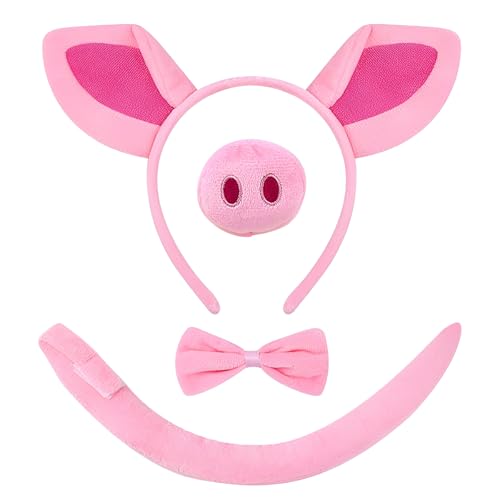 4 Stück Schweine Kostüm Set Tier Haarreif Mit Ohren Schwanz Fliege Nase Schweineohren Stirnband Cosplay Party Zubehör Für Erwachsene Kinder Karneval Halloween Maskerade Kindergeburtstag Schwein Kostüm von Scinzene