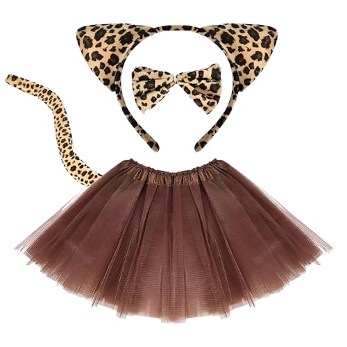 4 Stück Leopard Kostüm Set, Tierkostüm Kinder Inklusive Tutu Rock, Leopard Ohren Stirnband, Schwanz, Für Halloween Geburtstag Kostüm Party, Leoparden Kostüm Kinder, Leopard Kostüm Kinder von Scinzene