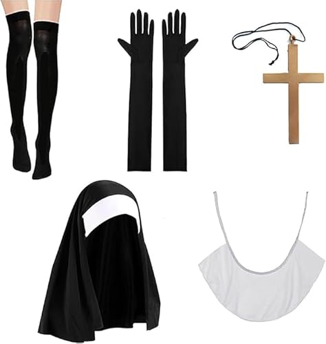 5 Stück Nonnenkostüm Damen Set Nonnen Kopfschmuck Nonnen Kragen Handschuhe Kreuz Anhänger, Halloween Kostüm Damen, Halloween Kostüm Nonne, Fasching Kostüm Damen, Für Cosplay Halloween Karneval Kostüm von Scinzene