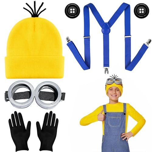 5-Teiliges Minion Kostüm, Minions Kostüm Set für Erwachsene und Kinder, Gelbes Zubehör mit Brille, Mütze, Handschuhen, Minion Kostüm Erwachsene für Halloween, Karneval und Cosplay Film Kostüme von Scinzene