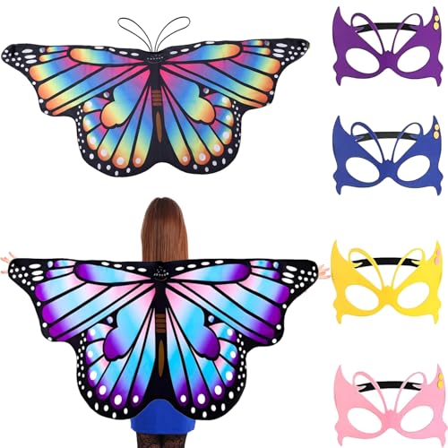 6 Schmetterling Kostüm Kinder Set, 2 Schmetterlingsflügel Kinder + 4 Butterfly Face Covers, Colorful Pixie Cape for Girls, Butterfly Costume for Carnival, Dance, Festivals, and Parties von Scinzene