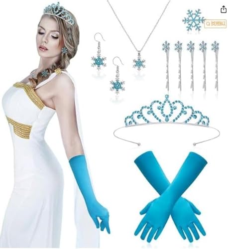 Complete Princess Costume Set for Women and Girls, Includes Crown, Gloves, Snowflake Earrings & Hair Accessories, Frozen Inspired Snowflake Theme for Halloween and Carnival Parties ELSA Kostüm Damen von Scinzene