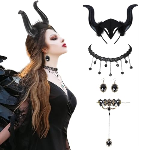 Maleficent Hörner, Maleficent Kostüm Zubehör Set, Schwarze Königin Hörner, Gothic Spitze Halskette & Ohrringe, Teufel Kopfschmuck & Haarreif, perfekter Look, Karneval, Fasching & Maskerade von Scinzene