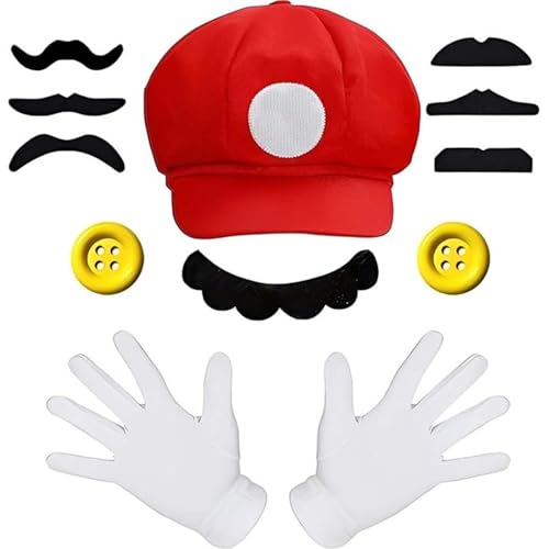 Mario Kostüm Accessories Mütze Hut Handschuhe Bart gelbe Knöpfe Faschingkostüme, Mario Kostüm Set Männer Damen, Mario Kostüm Outfit Kostüm für Kinder von Scinzene