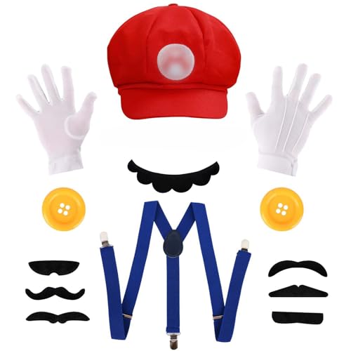 Mario Kostüm Accessories Set - Hat, Gloves, Moustaches, Buttons & Braces - Perfect for Cosplay, Fancy Dress, Carnival & Theme Parties - Fun Accessories for Men, Women & Kids ideal für Fasching von Scinzene