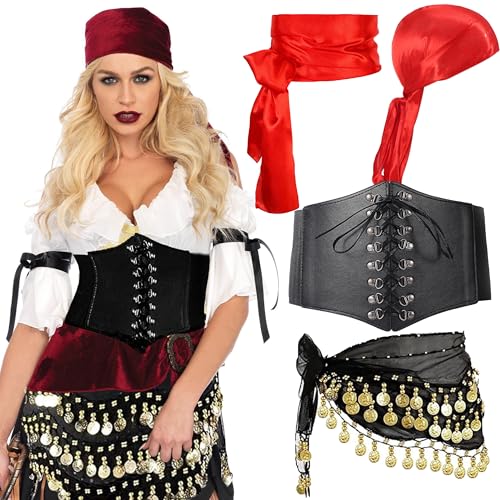 Piratenkostüm Damen, Piraten Kostüm Zubehör Set für Damen – Inklusive Piraten Stirnband, Taillengürtel und mehr für Karneval, Musik Festival und Party Outfits von Scinzene