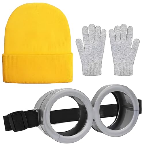 Scinzene 3 Stück Herren Kostüm Zubehör, Steampunk Brille Brille Gelb Beanie Strickmütze Schwarz Handschuhe für Männer für Cosplay, Erwachsene Kostüm Zubehör für Halloween Cosplay von Scinzene