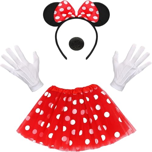 4 Stück Minnie Mouse Kostüm Damen, Damen Maus Mouse Kostüm Rot Tutu mit weiß Gepunktet, Haarreifen mit Maus Ohren, Handschuhe und Nase, Perfekt für Fasching, Karneval, Motto- und Cosplay-Partys von Scinzene