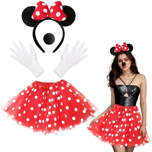 Scinzene 4 Pcs Karneval Kostüm Damen- Halloween Kostüm für Frauen mit Rotem Tutu, Weißen Punkten, Mausohren und Handschuhen - Perfekt für Fasching, Karneval und Mottopartys von Scinzene