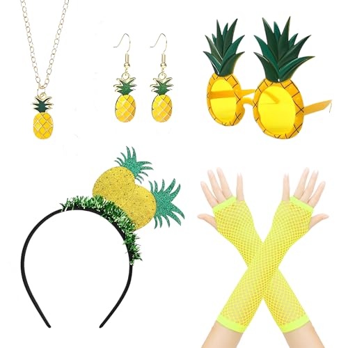 Scinzene 5 Stück Ananas-Kostüm-Set, Hawaii-Kostüm-Set, Ananas-Krone, Ananas-Gläser, Ananas-Ohrringe, Ananas-Halskette, Fischnetz-Handschuhe, Hawaiianische Kopfbedeckung, Ananas Kostüm, Ananas Deko von Scinzene