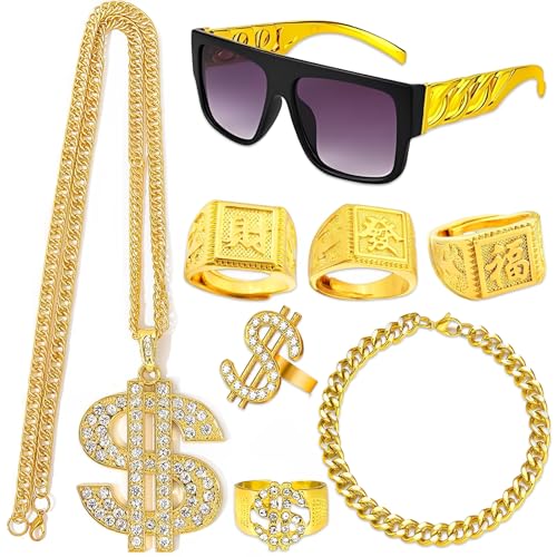 Scinzene 8 Stück Zuhälter Kostüm Set, 80er 90er Jahre Outfit Herren Zubehör, Goldkette Herren Sonnenbrille Goldene Dollar Kette Ring Hanzi-Ringe, Für Halloween Fasching Karneval Mottoparty von Scinzene