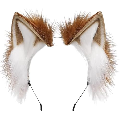 Scinzene Handgefertigtes Fell Fuchs Katzenohren Stirnband, Therian Stuff, Fuchs Ohren, Fuchsohren, Therian Ears, Halloween Weihnachten Kostüm Anime Cosplay Damen (Braun Weiß) von Scinzene