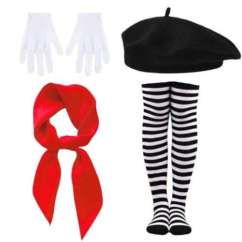 Scinzene Pantomime Kostüm Damen Herren, Set mit Baskenmütze, Rotem Tuch, Gestreiften Strümpfen, Handschuhen, Ideal für Halloween, Karneval und Fasching (4 Pcs) von Scinzene