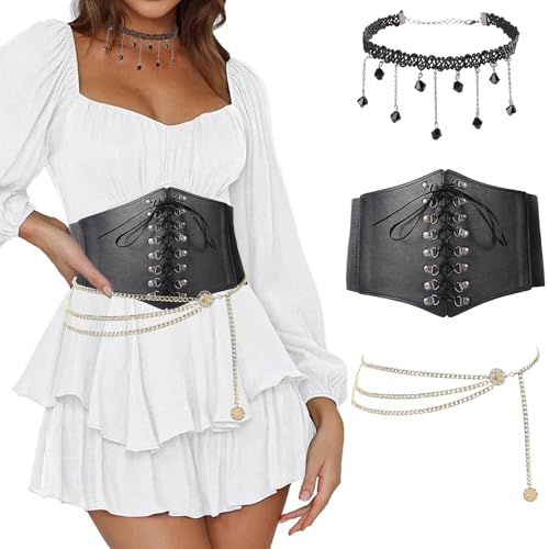 Scinzene Piratenkostüm Damen, 3-teiliges Set Medieval Piratenkostüm mit Korsett Damen, Taillenkette & Halskette, Perfekt für Karneval, Fasching & Cosplay Events von Scinzene