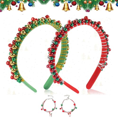 Scinzene Weihnachts Haarschmuck, 2 Stück Weihnachts Haarreif mit Glöckchen, Weihnachtshaarreifen Erwachsene, Haarschmuck Weihnachten für Kinder & Erwachsene, mit 2-teiliges Weihnachtsarmband von Scinzene