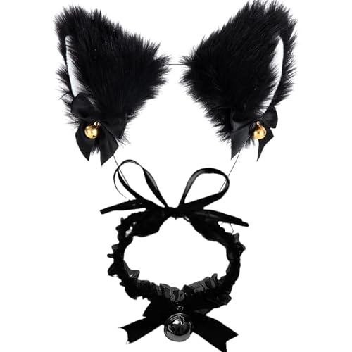 2 Stück Cat Ears, Katzenohren Haarreif, Katzenkostüm, Berkelen Katzenohren Haarreif, Cat Ears Stirnband Glöckchen Halskette, Katze Cosplay Set Katze Ohr Stirnband, Haarband Cosplay Katzenohren von Scinzene