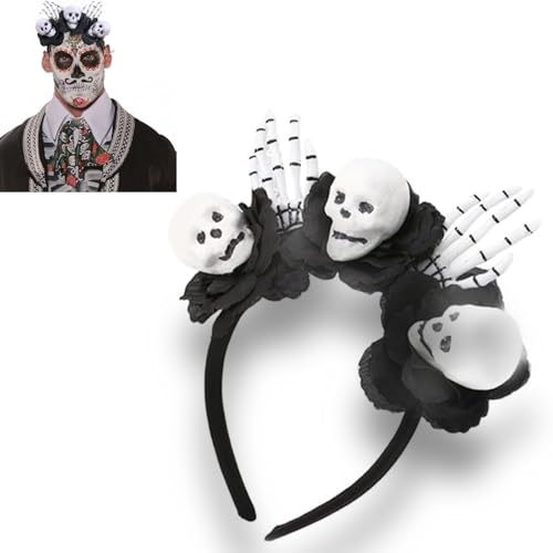 Scinzene Halloween Haarreif Damen, Dia Los de Muertos Haarschmuck, Halloween Haarschmuck Damen Tiara mit Totenkopf und prächtigen Blüten von Scinzene